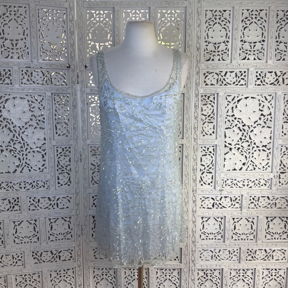Vtg 70's Blue Party Festival Sequin Sheer Mesh Overlay Sleeveless Dress Sz M